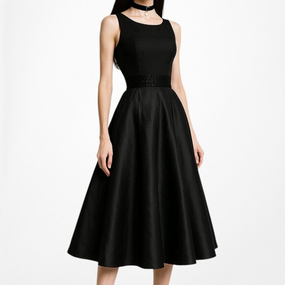 SLNY Black Satin Pleated Flared Knee Length Skater Formal Dress Size 6/M